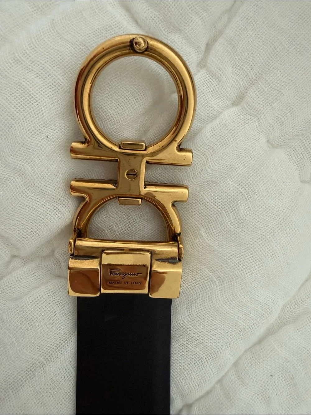 Salvatore Ferragamo Black Leather Belt with Gold Braided Double Gancini Buckle